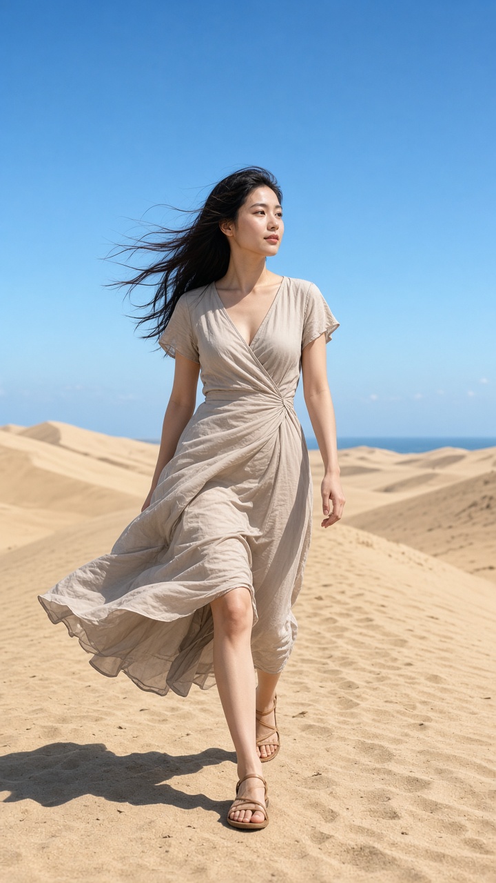 cinematic 9:16 full-body photo of a beautiful East Asian woman walking along a dune ridge at noon,  dress blown tight against her body by the wind, long hair streaming back,