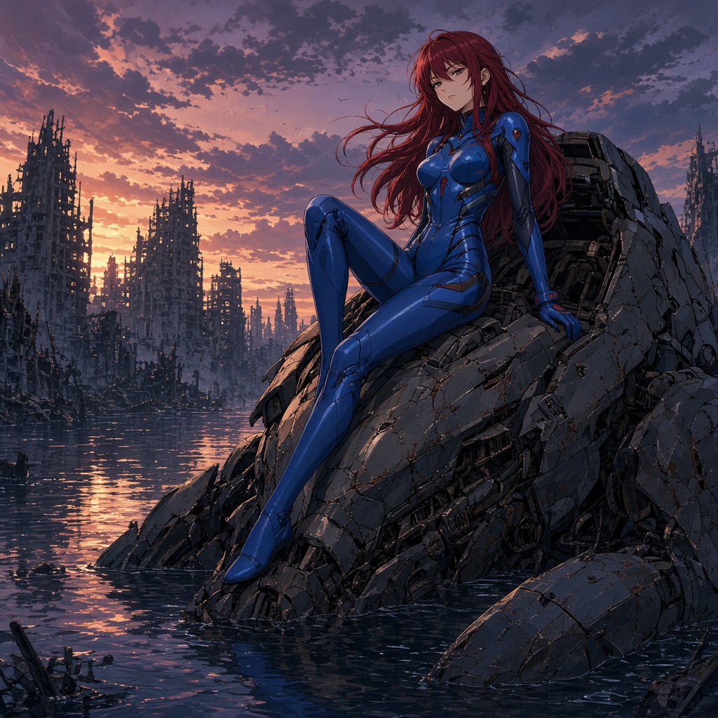 cinematic 9:16 anime key visual of an adult woman mid-20s with long red hair in a blue plugsuit sitting on the open cockpit of a half-sunken mecha in a flooded ruined city at dusk, no text, not a child