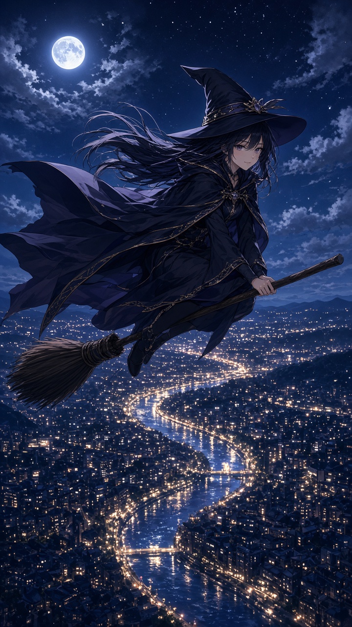 cinematic 9:16 anime key visual of an adult woman flying on a broom over a night city, pointed witch hat, cloak streaming in wind, city lights like a river below, moonlight, no text