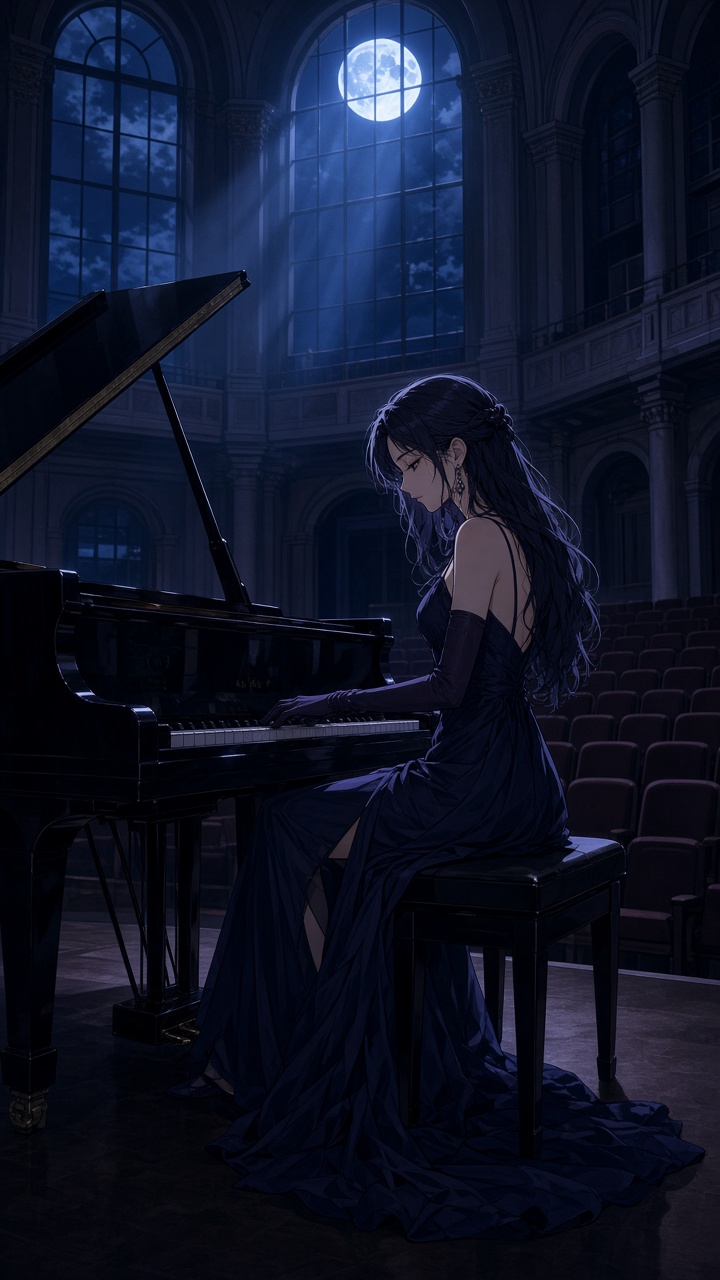 cinematic 9:16 anime key visual of an adult woman sitting alone at a grand piano in an empty concert hall at night, moonlight through high windows, empty seats, no text