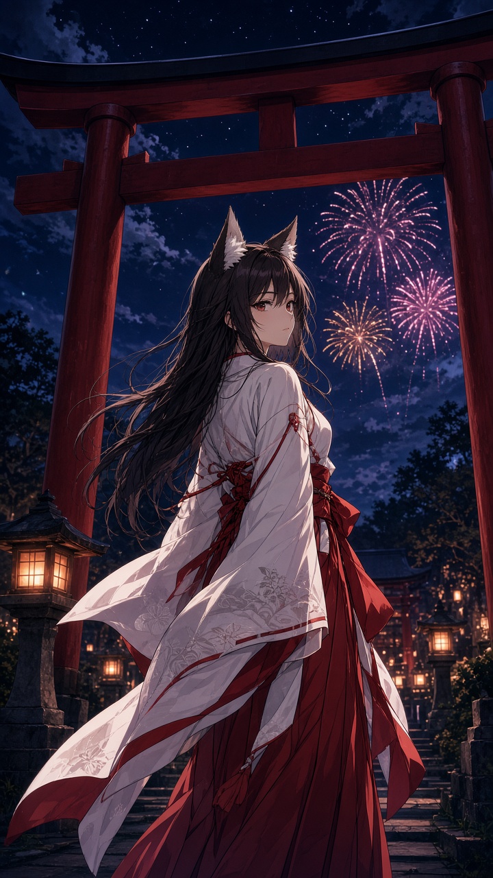 cinematic 9:16 anime key visual of an adult woman with fox ears in a white-red shrine maiden outfit standing under a giant red torii at night, looking back at lanterns and fireworks, no text